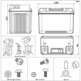 12v 6Ah baterie moto PLFP-20R Terminals