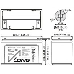 12V 100Ah CWP100-12N LONG Dimensions