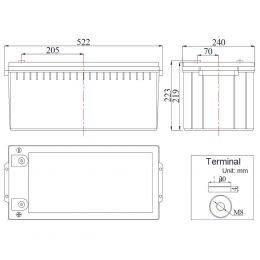 12V 220Ah SOLAR GEL MCA dimensions