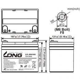 12V 36Ah UI36NE LONG Dimensions